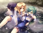  2girls armpits bare_shoulders blonde_hair breasts cleavage detached_sleeves finger_to_mouth frog_hair_ornament gengetsu_chihiro green_eyes green_hair hair_ornament hair_ribbon highres in_water kneeling kochiya_sanae large_breasts long_sleeves looking_at_viewer lying moriya_suwako multiple_girls no_bra no_hat on_back open_mouth open_skirt pink_eyes ribbon see-through shirt skirt skirt_set smile snake_hair_ornament thighhighs touhou vest wet wet_clothes wet_shirt wet_skirt white_legwear wide_sleeves zettai_ryouiki 