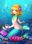  1girl aile_(crossroads) blonde_hair bubble chain character_request drum drumsticks fish green_eyes instrument mermaid monster_girl shell shirt short_hair short_sleeves small_breasts solo underwater unleashed 