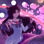  1girl :d animal_ears dress fingernails full_moon imaizumi_kagerou long_fingernails looking_at_viewer moon neckerchief night open_mouth red_eyes red_fingernails sky smile star_(sky) starry_sky touhou wolf_ears 