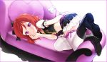  1girl belt blush boots couch highres looking_at_viewer love_live!_school_idol_project lying masami05071541 midriff nishikino_maki puffy_sleeves redhead short_sleeves skirt smile solo thighhighs violet_eyes white_legwear zettai_ryouiki 