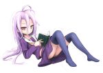  1girl antenna_hair book expressionless highres long_hair looking_at_viewer lv21 lying multicolored_eyes no_game_no_life on_back open_book purple_hair school_uniform serafuku shiro_(no_game_no_life) simple_background solo thighhighs white_background 