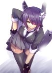  1girl black_gloves black_legwear black_skirt eyepatch fingerless_gloves gloves grin hand_on_hip highres jijii48 kantai_collection long_sleeves personification purple_hair shirt short_hair skirt smile solo tenryuu_(kantai_collection) thighhighs yellow_eyes zettai_ryouiki 