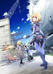  2boys 2girls blonde_hair blue_eyes bodysuit boots brown_hair camouflage crane deck_chair frolaytia_capistrano gloves heavy_object heivia_winchell kwenser_varbotaj milinda_brantini military military_uniform multiple_boys multiple_girls object_(vehicle) parasol pink_hair saitou_sakae segway short_hair sky swimsuit umbrella uniform 