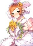  1girl a_k_o bare_shoulders dress earrings flower highres hoshizora_rin jewelry looking_at_viewer love_live!_school_idol_project orange_hair short_hair smile solo veil white_background white_dress yellow_eyes 