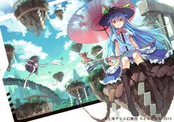  3girls blonde_hair blue_hair blue_sky boots bow clouds cross-laced_footwear floating_rocks flying food fruit hair_bow hat hat_ribbon hinanawi_tenshi horn_ribbon horns ibuki_suika looking_at_viewer multiple_girls nagae_iku oriental_umbrella peach puffy_short_sleeves puffy_sleeves purple_hair red_eyes ribbon rope shawl shimenawa shirt short_sleeves sitting skirt sky sleeveless sleeveless_shirt smile touhou umbrella water waterfall yayin_(yayin233) 