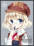  1girl alice_margatroid alternate_costume bespectacled blonde_hair blue_eyes blush cierra_(ra-bit) glasses grey_background hat long_sleeves looking_at_viewer necktie notebook open_mouth pen pince-nez portrait shirt short_hair simple_background solo text touhou 