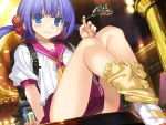  1girl :3 backpack bag blue_eyes game_cg looking_at_viewer loose_socks purple_hair rance_(series) rance_01 school_uniform serafuku shoes sitting socks solo twintails uwabaki 