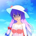  1girl bow breasts cato_(monocatienus) chestnut_mouth cleavage collarbone commentary_request hair_bow hat long_hair open_mouth patchouli_knowledge purple_hair sky solo sun_hat touhou trembling triangle_mouth vertical_stripes violet_eyes 