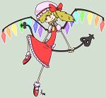  1girl ascot blonde_hair dress fang flandre_scarlet green_background grim-evilnov hat laevatein red_dress red_eyes signature simple_background smile solo touhou wings 