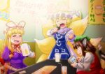  3girls :q =_= alcohol animal_ears beer blonde_hair brown_hair buntaichou cat_ears cat_tail chen dress drink drinking fox_tail hat hat_ribbon long_hair mob_cap multiple_girls multiple_tails ribbon short_hair singing tabard tail tongue touhou translation_request two_tails yakumo_ran yakumo_yukari 