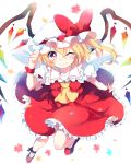  1girl ascot blonde_hair blush bow crystal fang flandre_scarlet frilled_skirt frills hat hat_bow looking_at_viewer mob_cap one_eye_closed paragasu_(parags112) ponytail puffy_sleeves red_eyes shirt shoes short_hair short_sleeves side_ponytail simple_background skirt skirt_set smile solo touhou vest white_background wings wink wrist_cuffs 