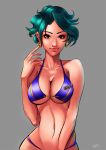  1girl aya_kobayashi bikini breasts cleavage earrings green_eyes green_hair jewelry kadej large_breasts navel short_hair signature solo super_robot_wars super_robot_wars_original_generation swimsuit 