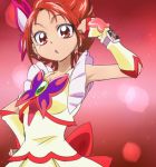  1girl cure_rouge dress earrings eyelashes gradient gradient_background hair_ornament jewelry looking_at_viewer magical_girl manji_(tenketsu) natsuki_rin precure red red_background red_eyes redhead ribbon short_hair sketch solo spiky_hair wrist_cuffs yes!_precure_5 