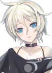  1girl alternate_hairstyle bare_shoulders blonde_hair blue_eyes choker ia_(vocaloid) looking_at_viewer parted_lips pupps short_hair simple_background smile solo vocaloid 