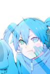  1girl :t absurdres aqua_eyes blonde_hair blue_eyes ene_(kagerou_project) fourth_wall headphones highres jersey kagerou_project looking_at_viewer short_hair sleeves_past_wrists solo twintails white_background 