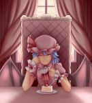 1girl arm_support bat_wings blue_hair cake chair cup curtains food fork mefomefo mob_cap red_eyes remilia_scarlet short_hair smile teacup touhou window wings wrist_cuffs 
