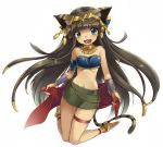  1girl :3 animal_ears anklet bandeau bare_shoulders barefoot bastet_(p&amp;d) brown_hair cat_ears cat_tail fang gauntlets green_eyes hair_ornament jewelry kneeling long_hair looking_at_viewer midriff narumizg navel necklace open_mouth puzzle_&amp;_dragons sash shiny shiny_skin simple_background skindentation skirt smile solo tail thigh_gap tubetop very_long_hair white_background 