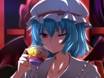  1girl bat_wings blue_hair blush cup hat one_eye_closed red_eyes remilia_scarlet short_hair solo teacup touhou wings wink yagami_(mukage) 