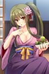  1girl breasts brown_eyes character_request cherry_blossoms cleavage flower food green_hair hair_flower hair_ornament hakama hitsuki_rei japanese_clothes kimono large_breasts long_hair long_sleeves looking_at_viewer obi ponytail sash sitting solo 