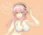  1girl bikini bikini_top blush breasts cleavage headphones large_breasts long_hair looking_at_viewer nitroplus open_mouth pink_hair red_eyes smile solo striped striped_bikini striped_swimsuit super_sonico swimsuit 