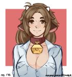  1girl animal_ears antenna_hair autumn-north bell bell_collar borrowed_character breasts brown_eyes brown_hair bust cleavage collar cow_bell cow_ears cow_girl cow_horns ego_trigger horns long_hair mattie_(ego_trigger) original solo watermark web_address 