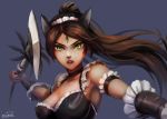  1girl alonsword alternate_costume animal_ears brown_hair cat_ears green_eyes highres holding_weapon league_of_legends long_hair maid maid_headdress nidalee open_mouth polearm ponytail solo spear weapon 