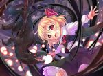  1girl :d animal blonde_hair blouse danmaku darkness dragon fang fangs frilled_skirt frills hair_ribbon kakao_rantan open_mouth outstretched_arms red_eyes ribbon rumia skirt smile spread_arms touhou vest 