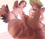  2girls akanbe animal_ears black_hair bracelet brown_eyes brown_hair dress futatsuiwa_mamizou glasses gourd grin hat horns jewelry jizou kijin_seija mefomefo multicolored_hair multiple_girls raccoon_ears raccoon_tail sandals short_hair smile statue sweat tail touhou 