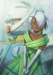  1boy choker crossdressinging dark_skin dress elbow_gloves flick-float gloves green_eyes gundam hair_over_one_eye jewelry lips loran_cehack mecha silver_hair solo trap turn_a_gundam 