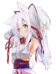  1girl animal_ears armpits arms_up breasts brown_eyes collar detached_sleeves hair_ribbon hands_in_hair japanese_clothes kimono long_hair looking_at_viewer original ponytail red_ribbon ribbon sakura_inu simple_background solo white_background white_hair 