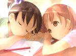  2girls brown_eyes brown_hair hair_bobbles hair_ornament hand_in_hair highres ichigo_mashimaro itou_chika matsuoka_miu multiple_girls shinjiro short_hair sleeping twintails 