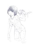  1girl bikini monochrome short_hair sketch solo swimsuit t-shirt yoshitomi_akihito 