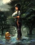  1girl barefoot black_hair breast_hold breasts commentary_request emuson forest highres holding_arm huge_breasts long_hair nature original pants pig sleeves_rolled_up wading water 