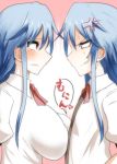  2girls anger_vein angry blue_hair blush breast_envy breasts commentary_request dual_persona flat_chest heart hinanawi_tenshi large_breasts long_hair multiple_girls red_eyes shirt sweat takorice touhou translation_request wavy_mouth 