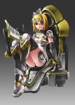  1girl alternate_costume blonde_hair boots chair cyborg elbow_gloves gloves hair_ornament hairclip highres instrument kagamine_rin keyboard_(instrument) legs_together leotard mecha_musume paolo_antonio_aguasin short_hair sitting small_breasts solo thigh-highs thigh_boots vocaloid 