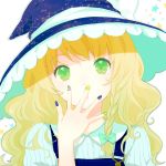  1girl :o blonde_hair bow braid fingernails green_eyes hair_bow hand_on_own_face hat highres kirisame_marisa long_hair looking_at_viewer ribbon simple_background solo sparkle star starry_background touhou witch_hat witoi_(roa) 