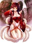  1girl ahri animal_ears black_hair breasts cleavage fox_ears fox_tail league_of_legends mountain multiple_tails tagme tail waterring yellow_eyes 