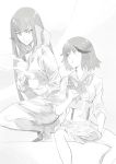  2girls :t boots chopsticks croquette cup eating eyebrows high_collar highres kill_la_kill kiryuuin_satsuki knee_boots matoi_ryuuko midriff monochrome multiple_girls peachy_balais senketsu single_glove sitting sketch smile squatting suspenders teacup trench_coat 