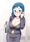  1girl adjusting_glasses alternate_costume bespectacled blue_hair breasts cleavage formal glasses green_eyes gundam gundam_build_fighters iori_rinko jewelry large_breasts long_hair necklace ponytail ring semi-rimless_glasses skirt_suit smile solo suit ueyama_michirou under-rim_glasses wedding_band 