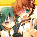  2boys blue_eyes blush brown_eyes brown_hair green_hair inazuma_eleven_(series) inazuma_eleven_go kariya_masaki male matsukaze_tenma multiple_boys nekoto_maruta open_mouth raimon short_hair star track_jacket v 