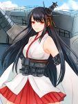  1girl bare_shoulders black_hair breasts cannon detached_sleeves fusou_(kantai_collection) hair_ornament highres japanese_clothes kantai_collection long_hair moka08 nontraditional_miko personification red_eyes short_hair skirt smile solo turret 