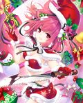  1girl bow breasts character_request christmas cleavage crop_top e-nya gift gloves grin hat holding_weapon knife looking_at_viewer midriff moriah_saga pink_hair pom_pom_(clothes) red_eyes red_gloves red_skirt skirt smile smirk solo 