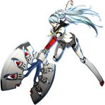  1girl android aqua_hair axe battle_axe blue_hair headphones highres knee_pads labrys long_hair miniskirt persona persona_4:_the_ultimate_in_mayonaka_arena pleated_skirt ponytail red_eyes robot_joints school_uniform skirt soejima_shigenori solo very_long_hair weapon 