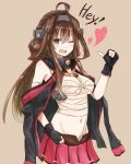  1girl ahoge artist_request bare_shoulders blue_eyes brown_background brown_hair double_bun gloves hairband hand_on_hip headgear highres kantai_collection kongou_(kantai_collection) long_hair musashi_(kantai_collection)_(cosplay) open_mouth sarashi skirt solo 