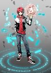  1boy casual elsword elsword_(character) energy grey_background hand_in_pocket hoodie male pants red_eyes redclow redhead shirt shoes smile solo standing 
