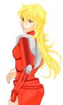  1girl blonde_hair green_eyes heterochromia hgoyan katina_tarask pilot_suit smile solo super_robot_wars super_robot_wars_original_generation violet_eyes 