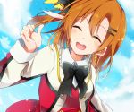  1girl ^_^ blush bowtie brown_hair closed_eyes earrings hair_ornament hairclip happy jacket jewelry kousaka_honoka long_sleeves love_live!_school_idol_project open_mouth side_ponytail smile solo sxupxdxxy 