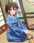  1girl artist_request blue_eyes blush brown_hair food hair_ornament idolmaster idolmaster_million_live! indoors japanese_clothes kimono long_hair looking_at_viewer official_art open_mouth ponytail satake_minako seiza sitting smile solo 