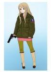  boots desert_eagle gun handgun highres jacket k-on! komii kotobuki_tsumugi leggings military smile sweater_dress weapon 
