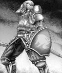  1boy armor artist_request belt character_request copyright_request full_armor helmet monochrome pants shield solo source_request sword tagme weapon 